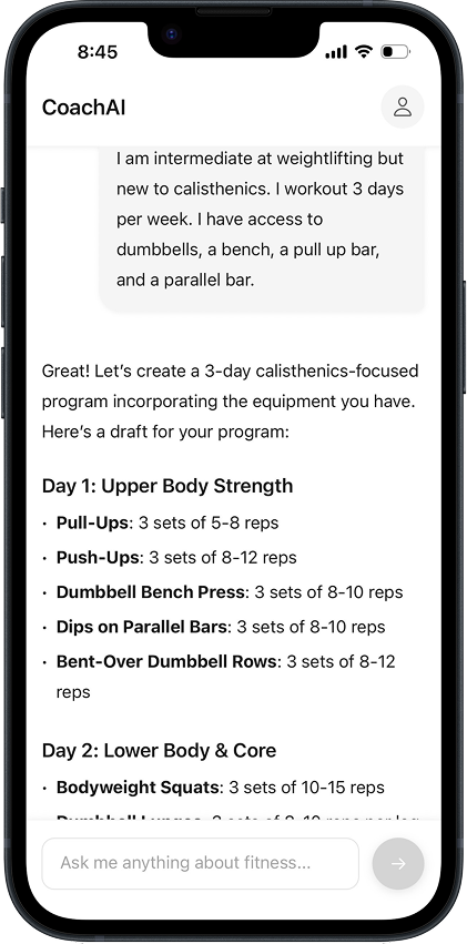 Coach AI mobile app interface showing conversational fitness coaching