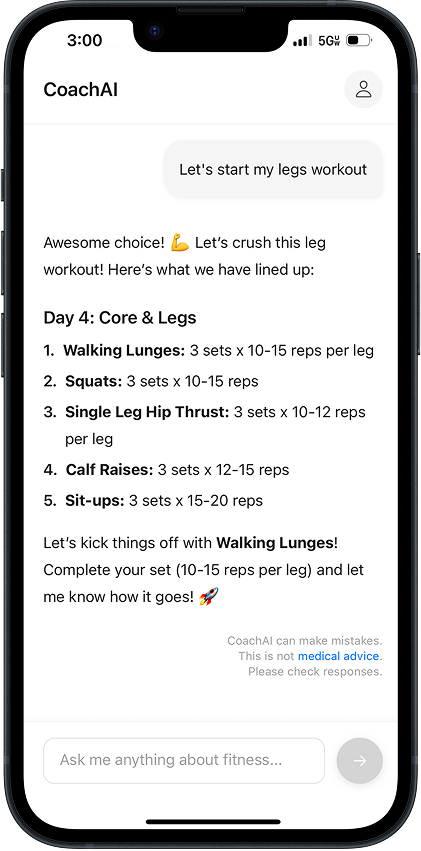 Coach AI mobile app interface showing conversational fitness coaching